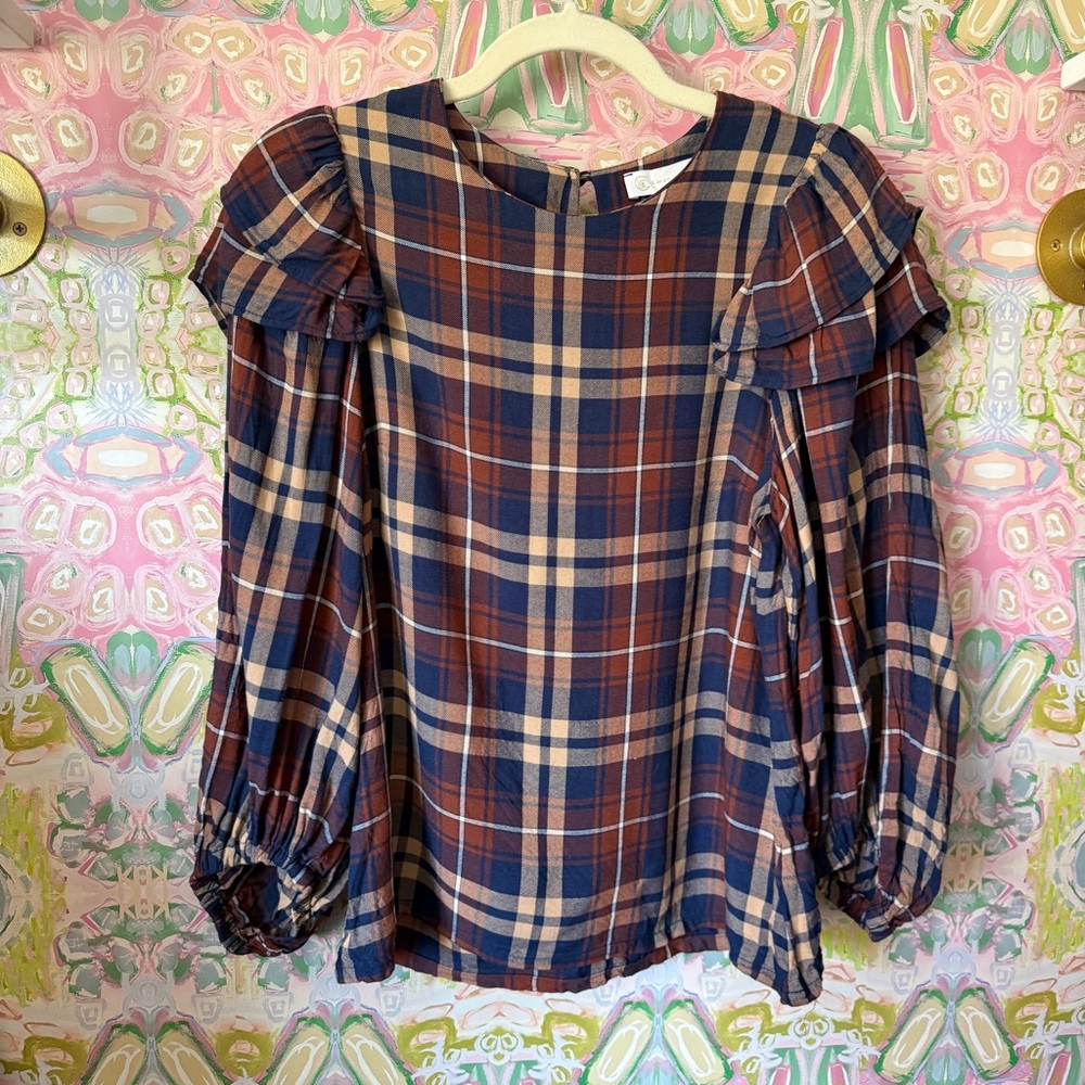 Corey Lynn Carter Blue Brown Plaid Long Sleeve Blouse Ruffle Anthropologie